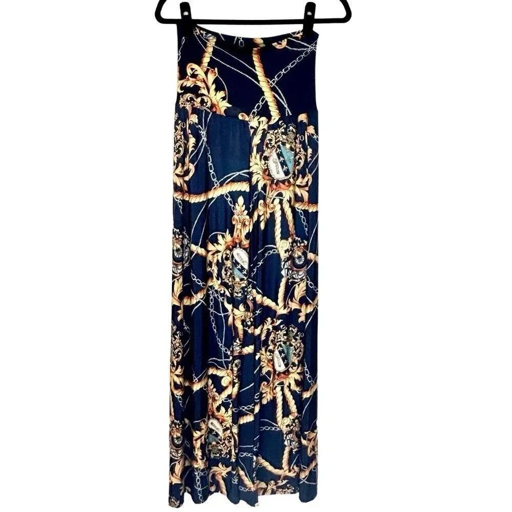 Fashion Nova Printed Soft Stretch Palazzo Wide Leg Pull-On Pants Navy Gold Small